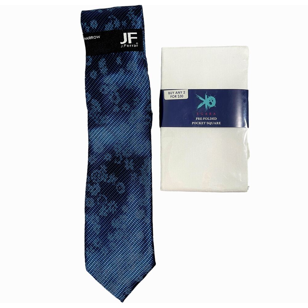 2pc Set J Ferrar Narrow Epic Indigo Floral Mute Stripe Tie & White Pocket Square